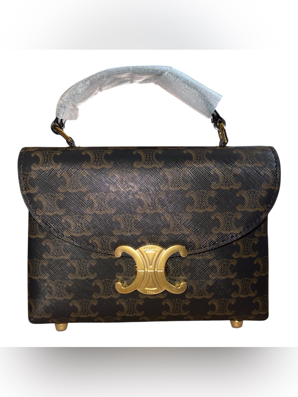 Fashion Brown Triomphe-Print Top Handle Satchel with Gold Hardware
